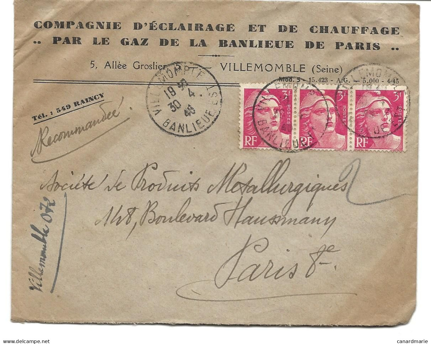LETTRE 1946  AVEC  3 TIMBRES MARIANNE DE GANDON - RECOMMANDE PROVISOIRE DE VILLEMOMBLE - - Briefe U. Dokumente