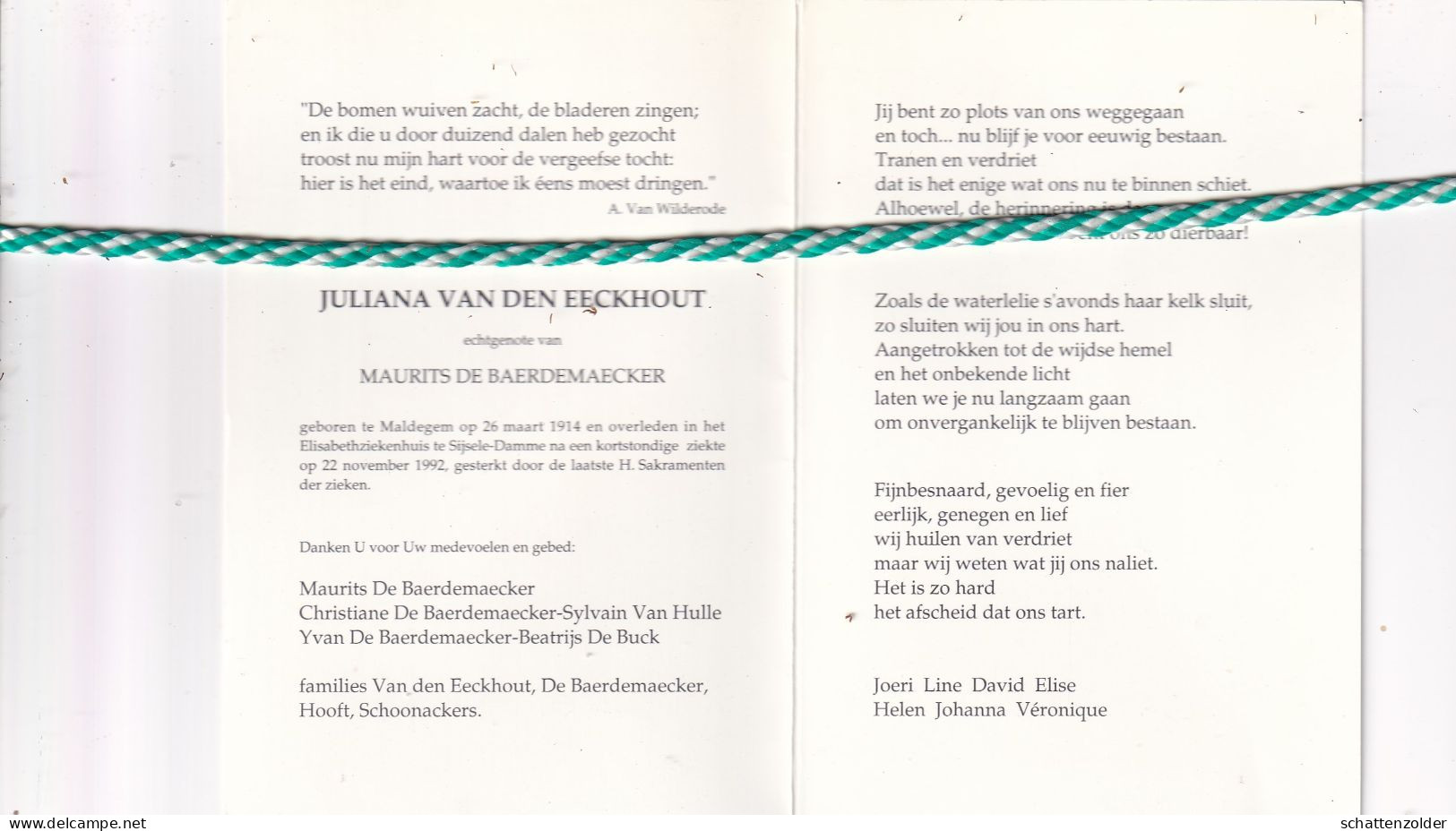 Juliana Van Den Eeckhout-De Baerdemaecker, Maldegem 1914, Sijsele-Damme 1992. Foto - Obituary Notices