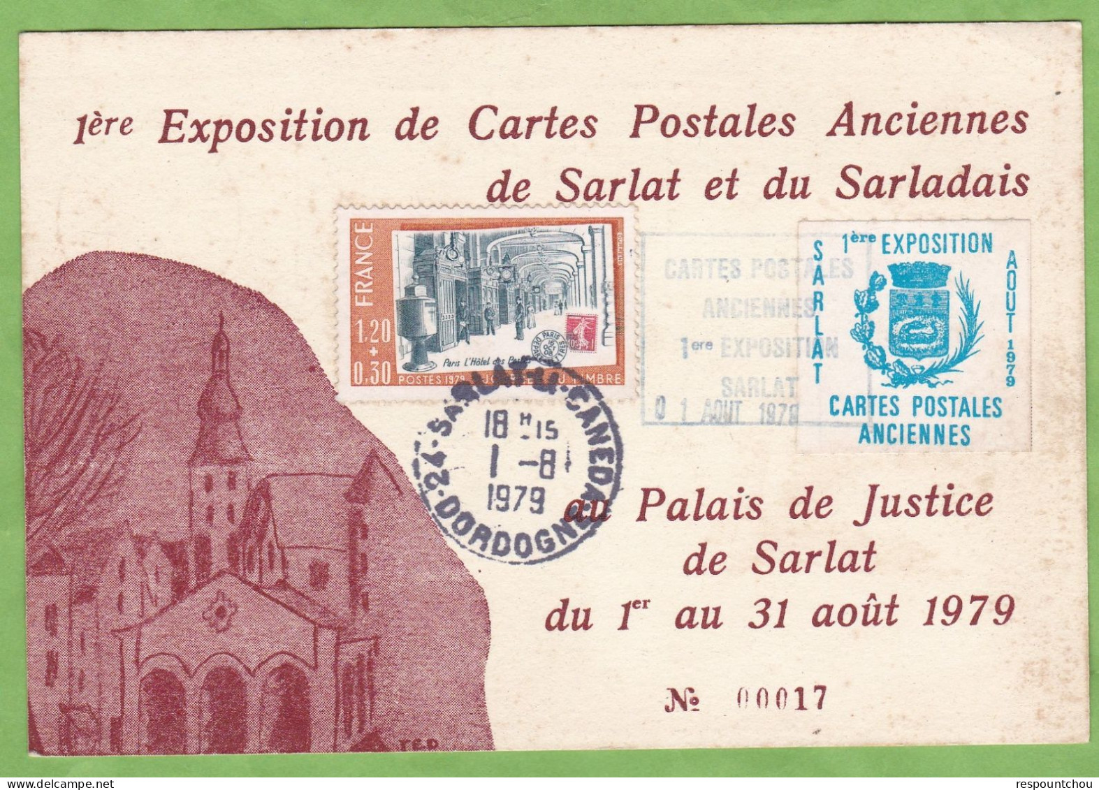 Rare CPSM Voyagée 1979 Vignette 1ere Exposition Cartes Postales Anciennes Sarlat 1er Aout 1979 + Vignette Entrée - Brieven En Documenten