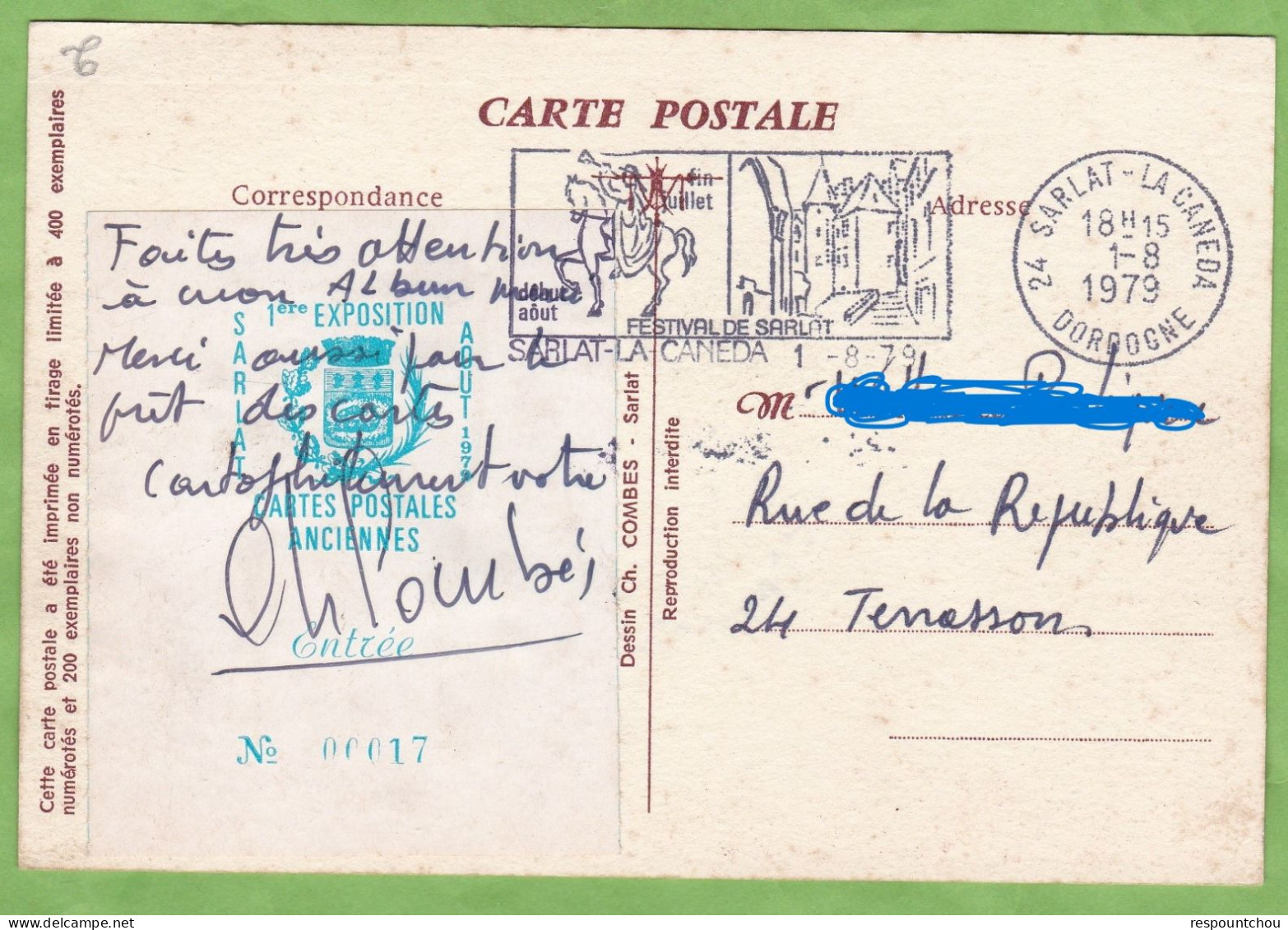 Rare CPSM Voyagée 1979 Vignette 1ere Exposition Cartes Postales Anciennes Sarlat 1er Aout 1979 + Vignette Entrée - Lettere