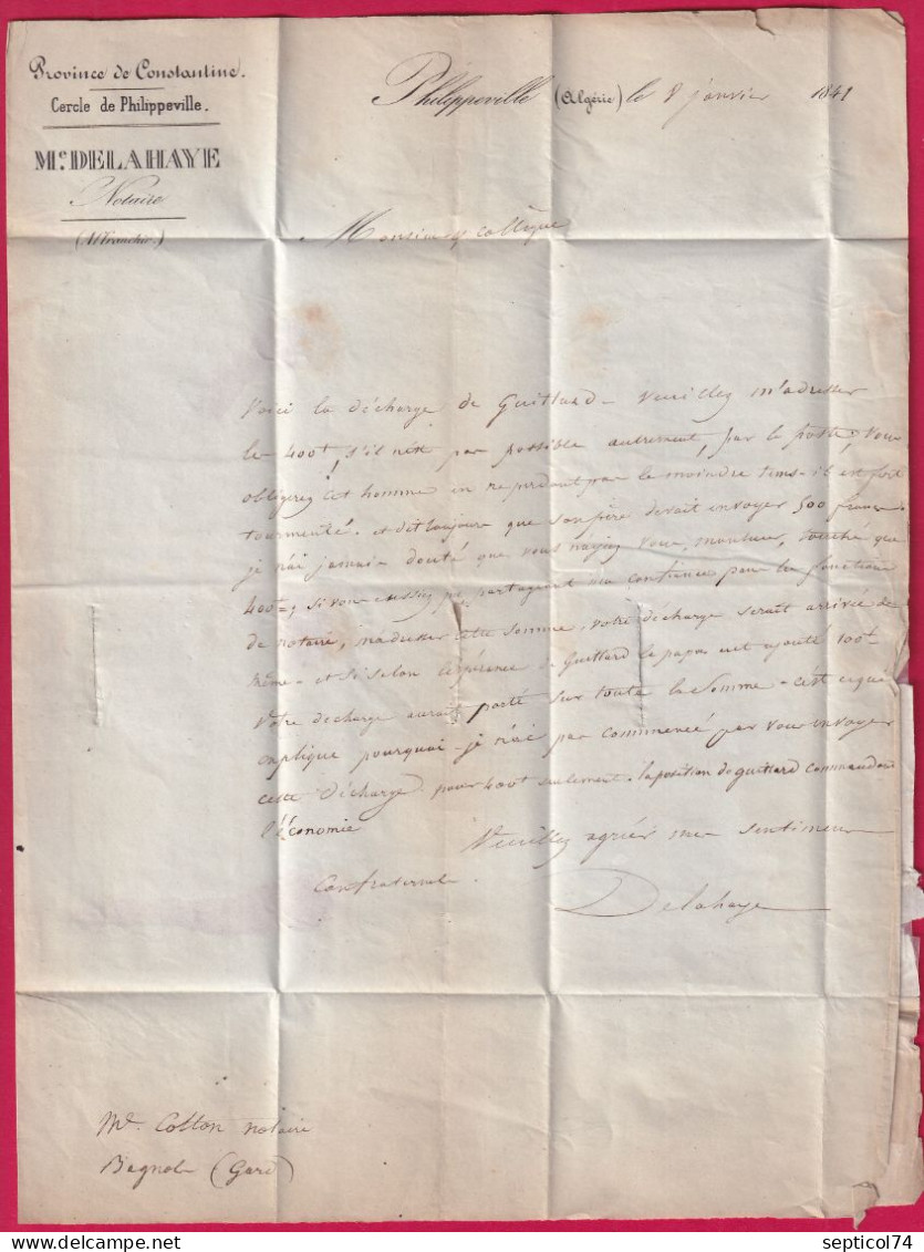 CACHET OVALE PURIFIEE A TOULON VAR 1841 DEPART PHILIPPEVILLE ALGERIE POUR BAGNOLS GARD TAXE MODIFIEE 2 FOIS LETTRE - 1849-1876: Klassik