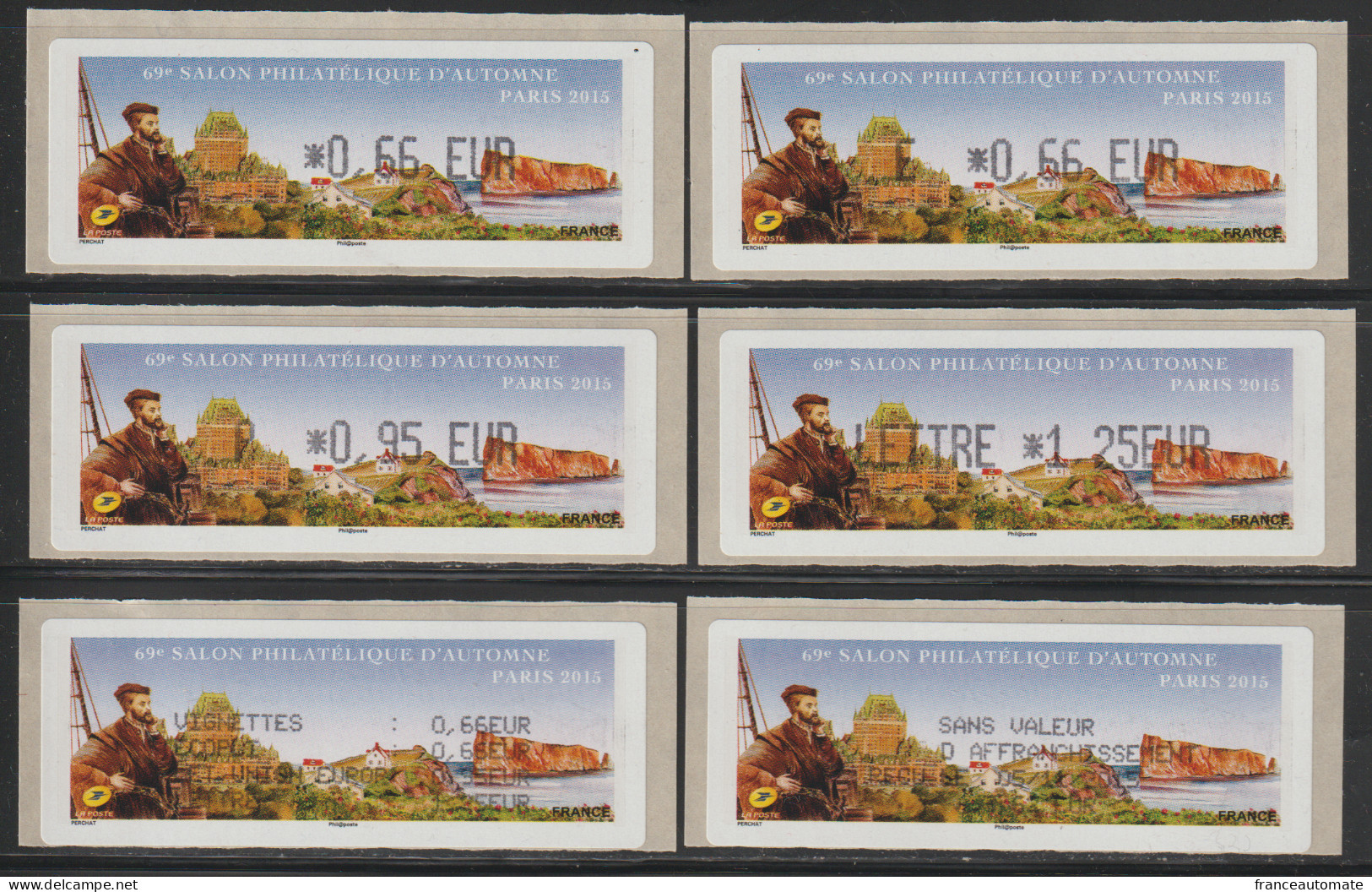 6Atms, Lisa1, 0.66/ E 0.66/ P 0.95/ LETTRE 1.25€ JACQUES CARTIER,5/11/2015. Percé, Québec, CANADA. 69ème Salon D'automne - 2010-... Vignettes Illustrées