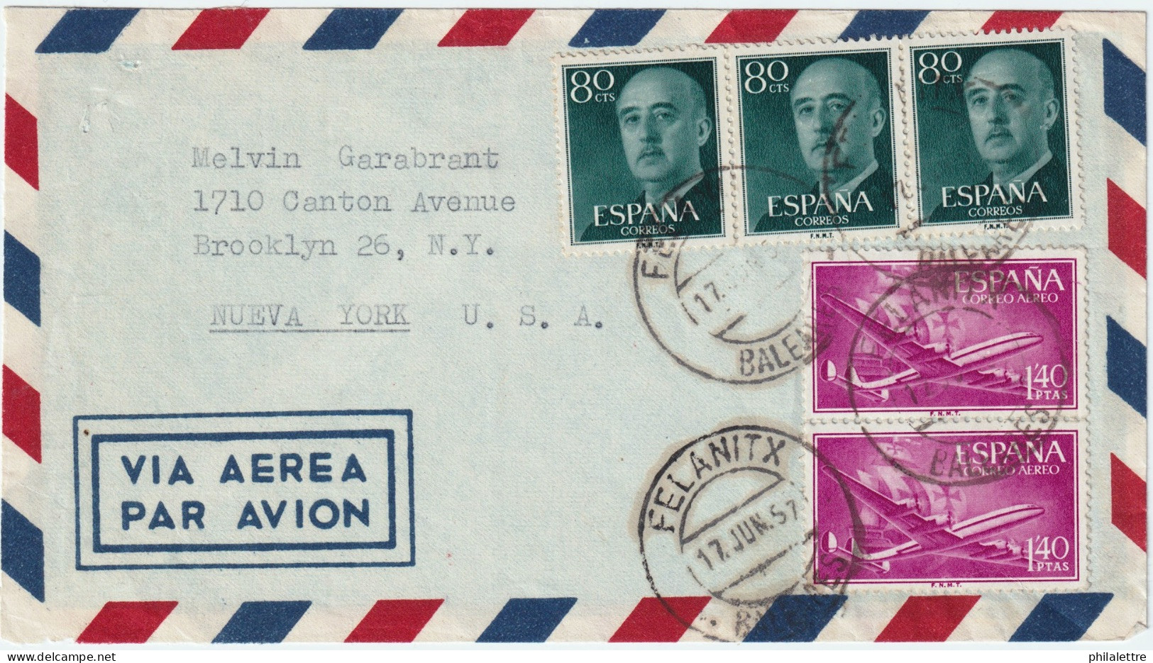 ESPAGNE / ESPAÑA - 1957 2x Ed.1174 (y 3xEd.1152) Sobre Carta Por Avion De FELANITX (Baleares) A Los EE.UU. - Storia Postale