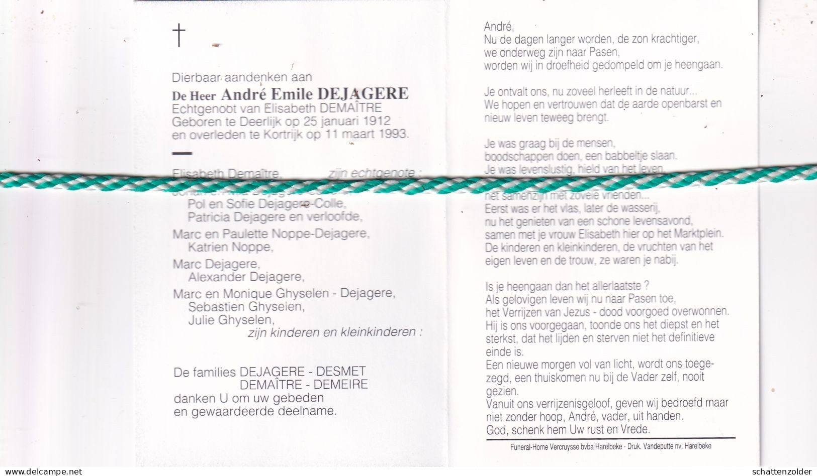 André Emile Dejaegere-Demaître, Deerlijk 1912, Kortrijk 1993. Foto - Obituary Notices