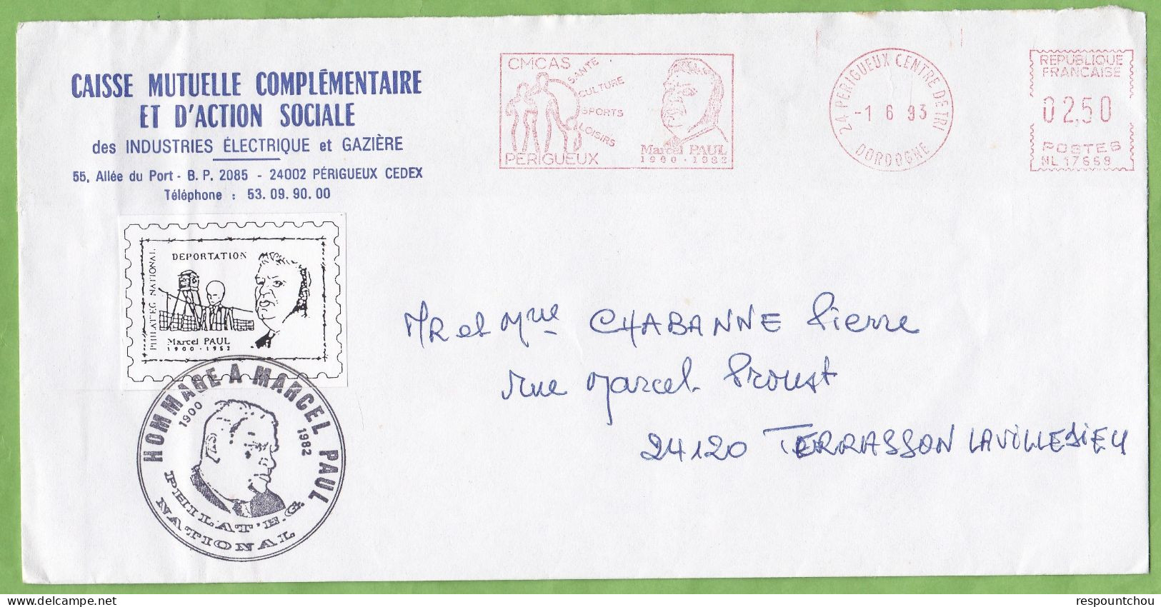 LAC Rare Vignette Marcel Paul Déportation Cachet ¨Philat' E.G. EMA Périgueux 1993 + Invitation Exposition Régionale - Lettere