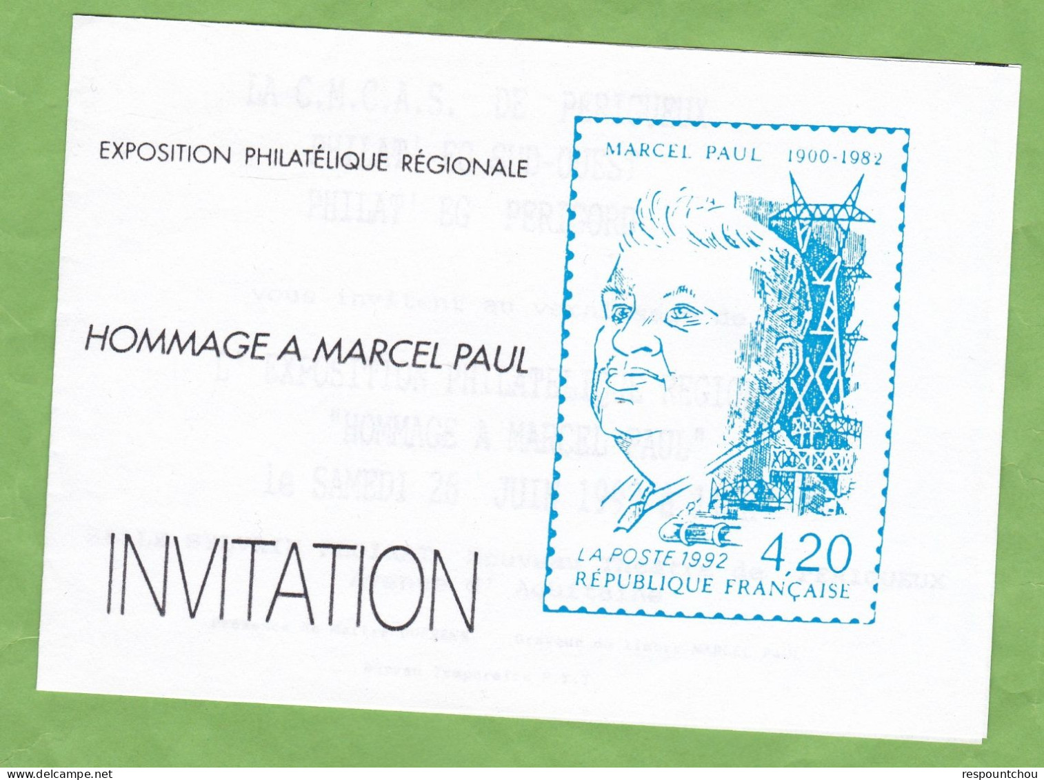 LAC Rare Vignette Marcel Paul Déportation Cachet ¨Philat' E.G. EMA Périgueux 1993 + Invitation Exposition Régionale - Lettres & Documents