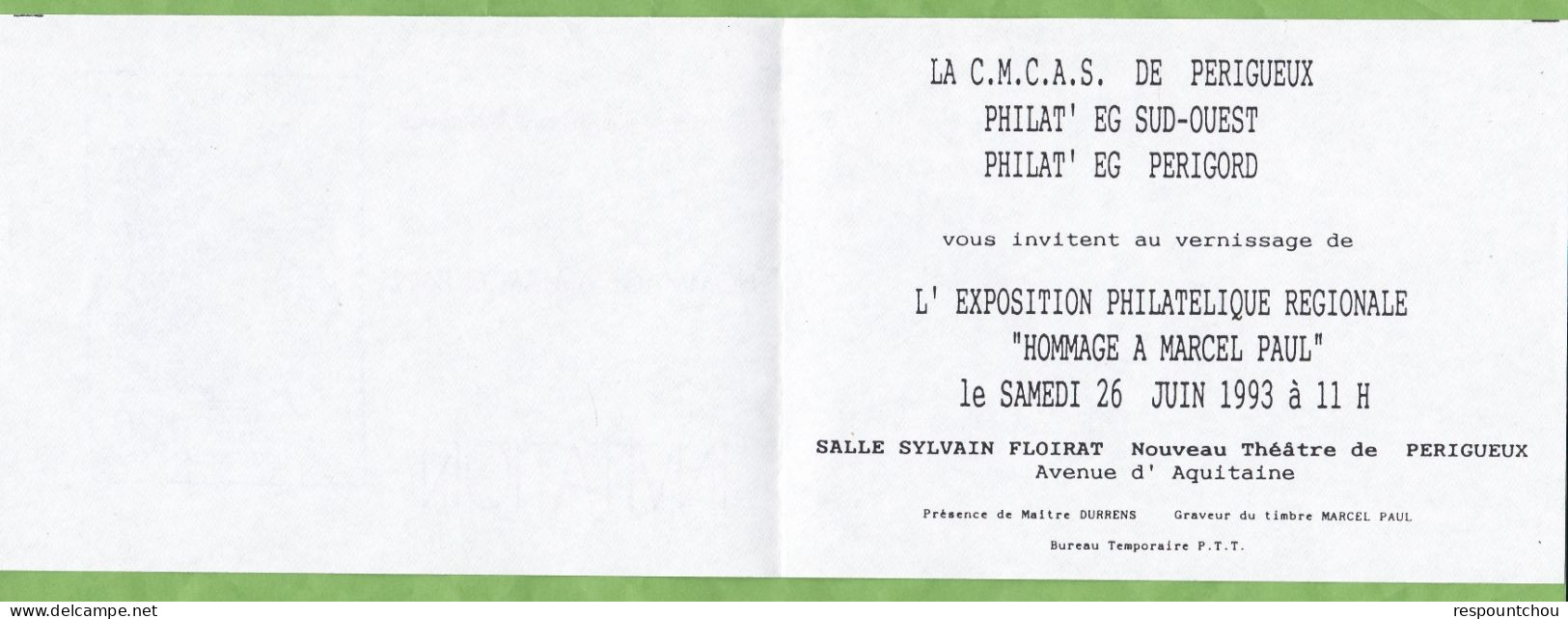 LAC Rare Vignette Marcel Paul Déportation Cachet ¨Philat' E.G. EMA Périgueux 1993 + Invitation Exposition Régionale - Brieven En Documenten