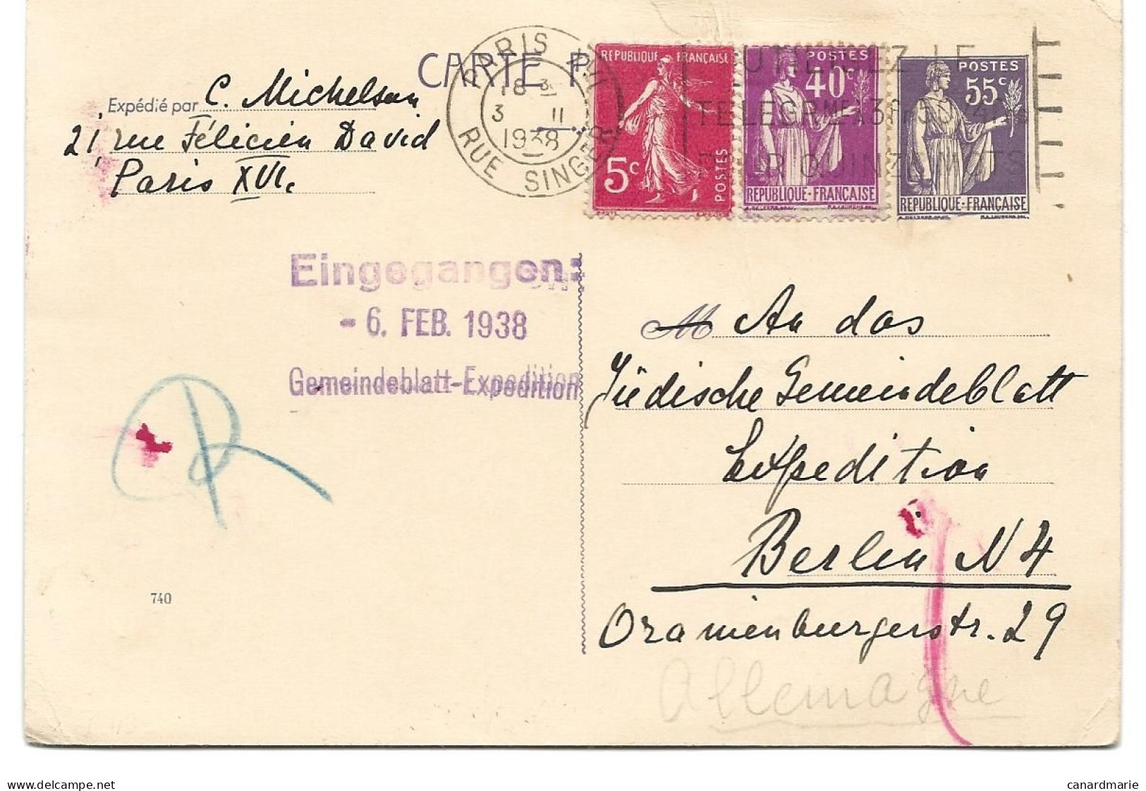 CARTE POSTALE AU TYPE PAIX 1938 AVEC AFFRANCHISSEMENT COMPLEMENTAIRE POUR L'ALLEMAGNE - Cartes Postales Types Et TSC (avant 1995)