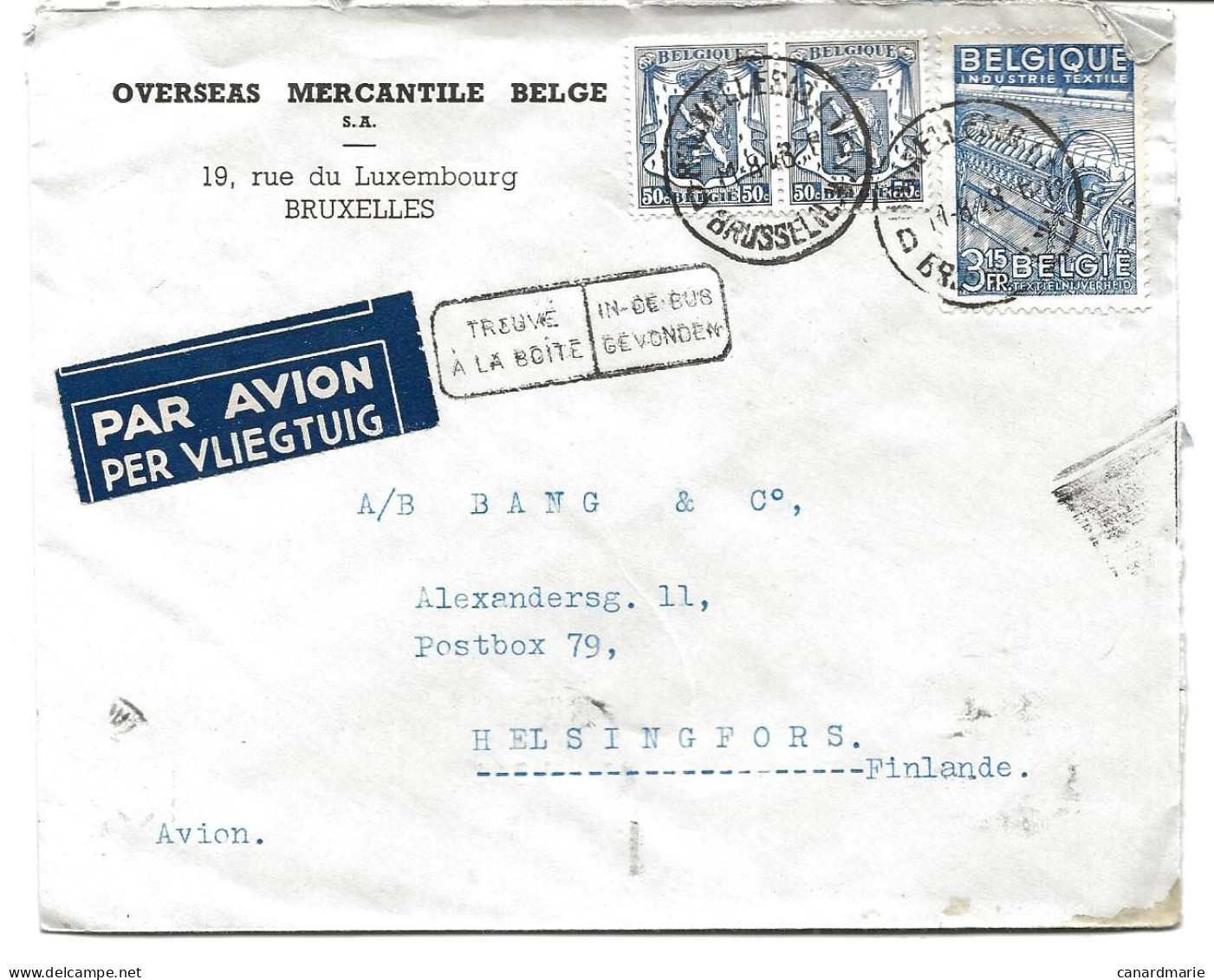 LETTRE  PAR AVION POUR LA FINLANDE 1948 AVEC 3 TIMBRES ET CACHET TROUVE A LA BOITE - Storia Postale