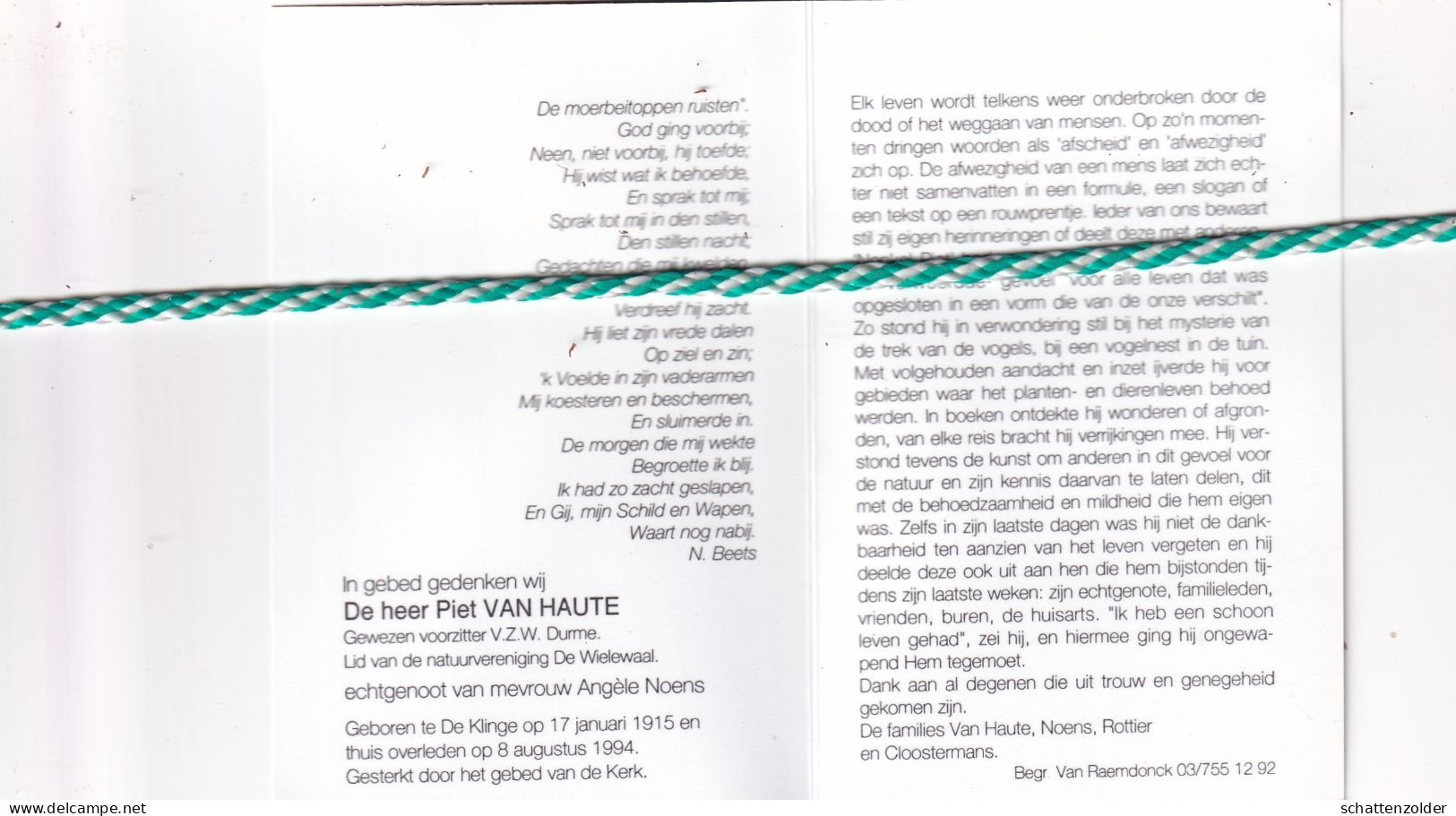 Piet Van Haute-Noens, De Klinge 1915, 1994. Foto - Obituary Notices