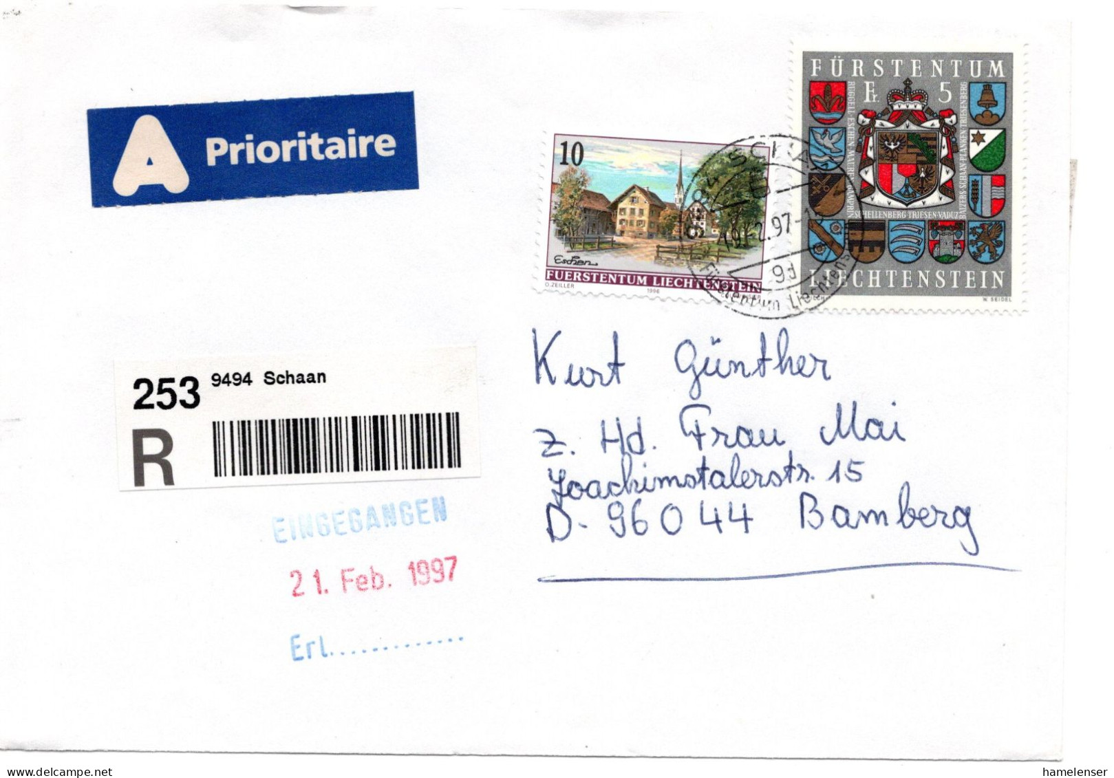 64238 - Liechtenstein - 1997 - 5,00Fr Wappen MiF A R-Bf SCHAAN -> Deutschland - Storia Postale