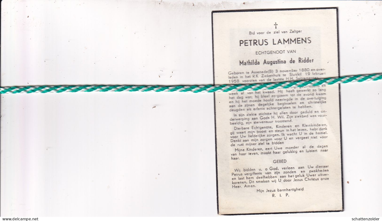 Petrus Lammens-de Ridder, Assenede (B) 1880, Sluiskil 1958 - Obituary Notices