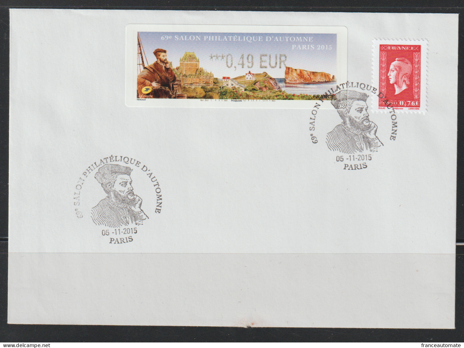 Atm, Lisa1, FDC, MARIANNE 0.76€ + 0.49€, JACQUES CARTIER. 5/11/2015. Percé, Quebec, CANADA. 69ème Salon D'automne - 2010-... Illustrated Franking Labels