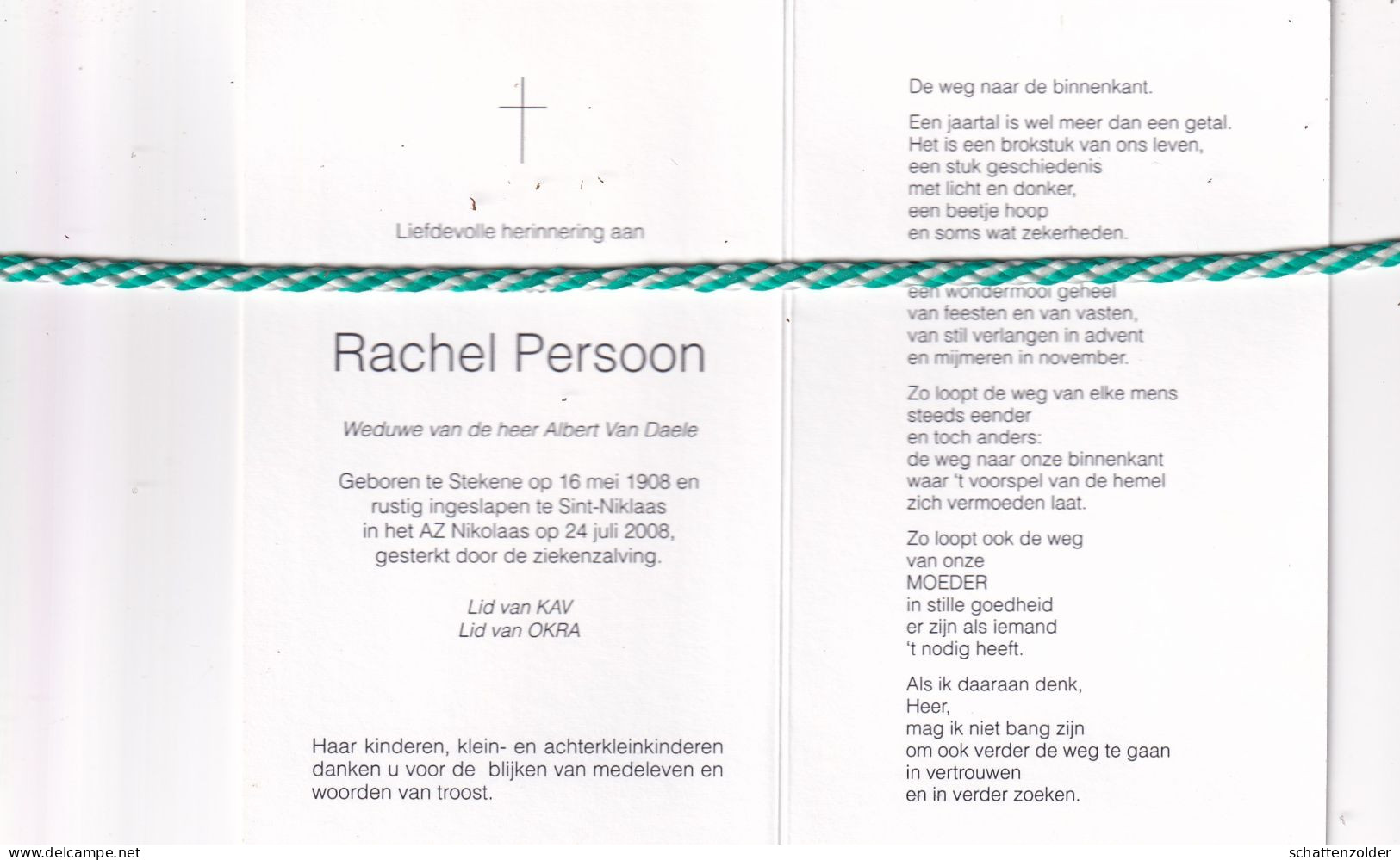 Rachel Persoon-Van Daele, Stekene 1908, Sint-Niklaas 2008. Honderdjarige; Foto - Obituary Notices