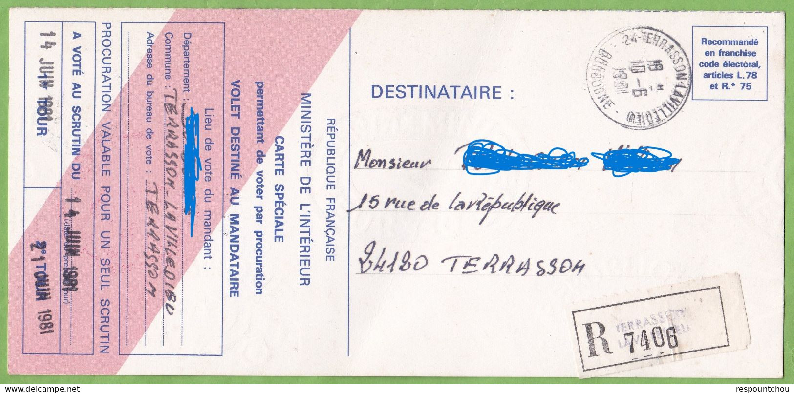 Rare Carte Spéciale Recommandée Procuration Vote Election 1981 Cachet Gendarmerie Terrasson Lavilledieu 24 Dordogne - Eventos