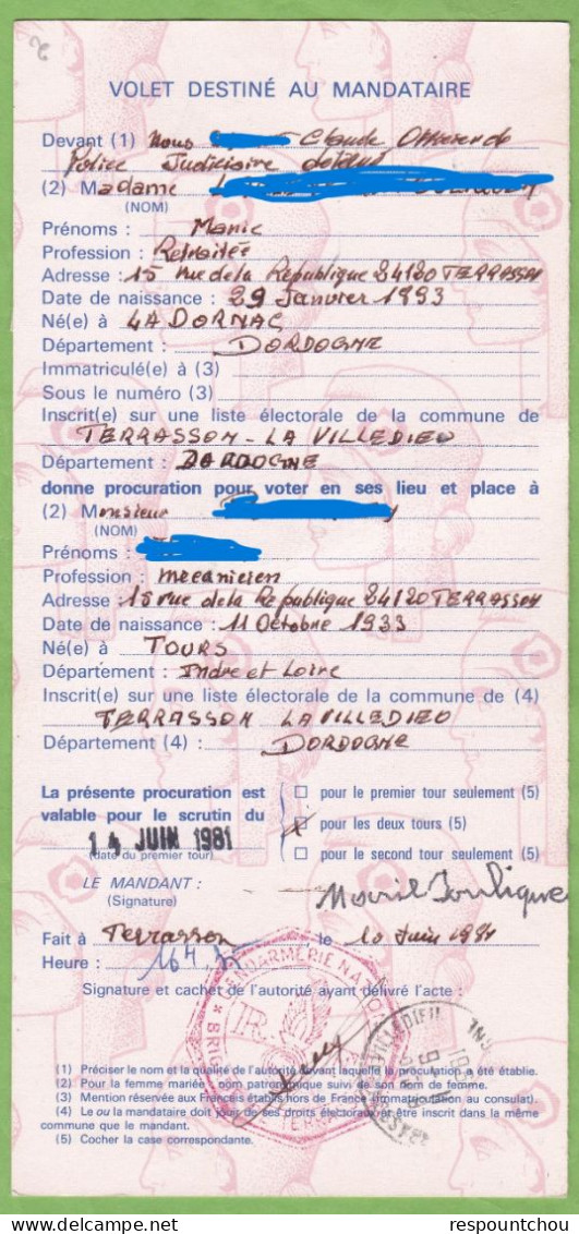 Rare Carte Spéciale Recommandée Procuration Vote Election 1981 Cachet Gendarmerie Terrasson Lavilledieu 24 Dordogne - Evenementen