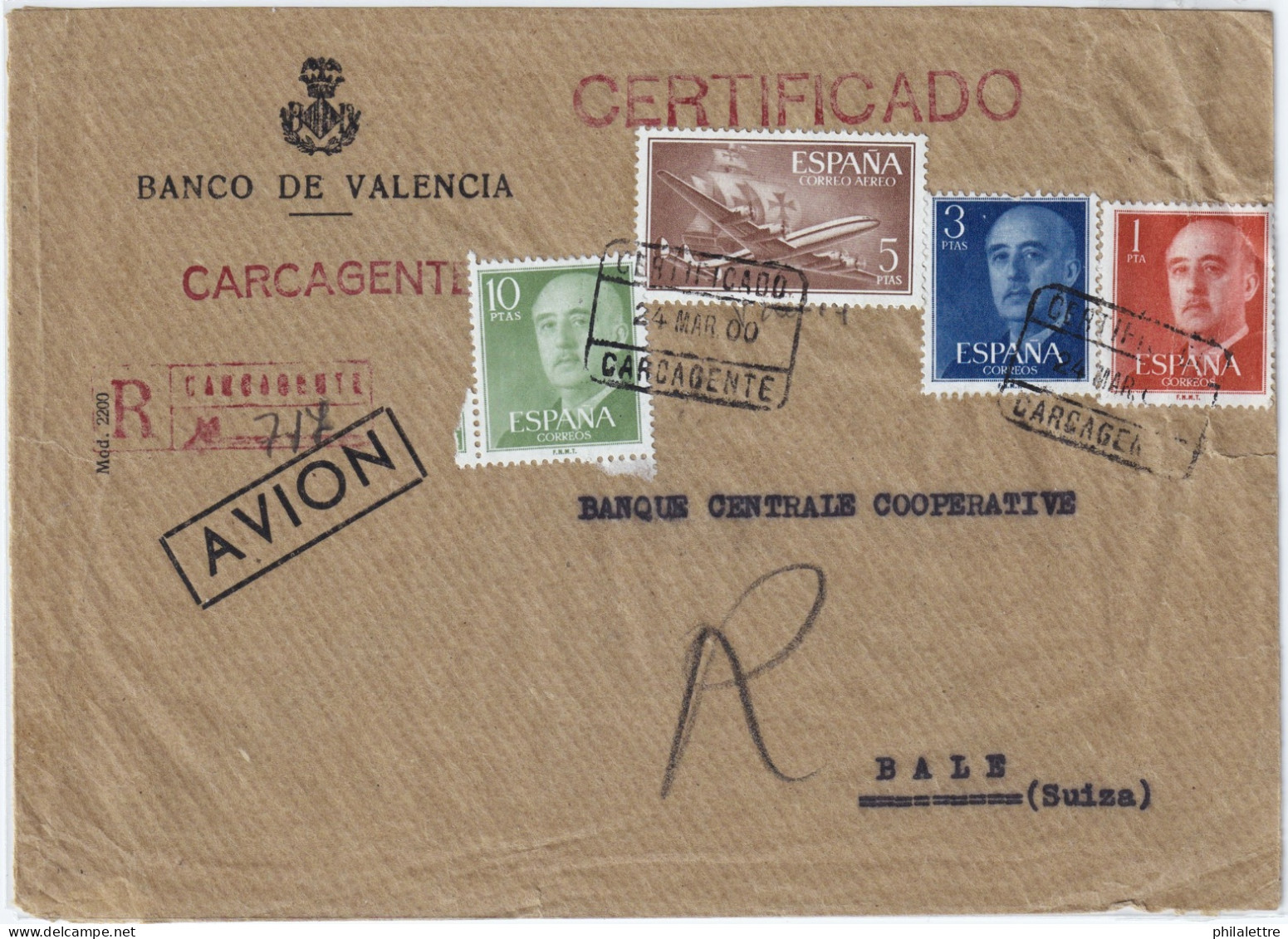 ESPAGNE / ESPAÑA - 1956 Ed.1177 (y Ed.1153, 1159, 1163) Sobre Carta Certificada Por Avion De Carcagente A La Suiza - Storia Postale