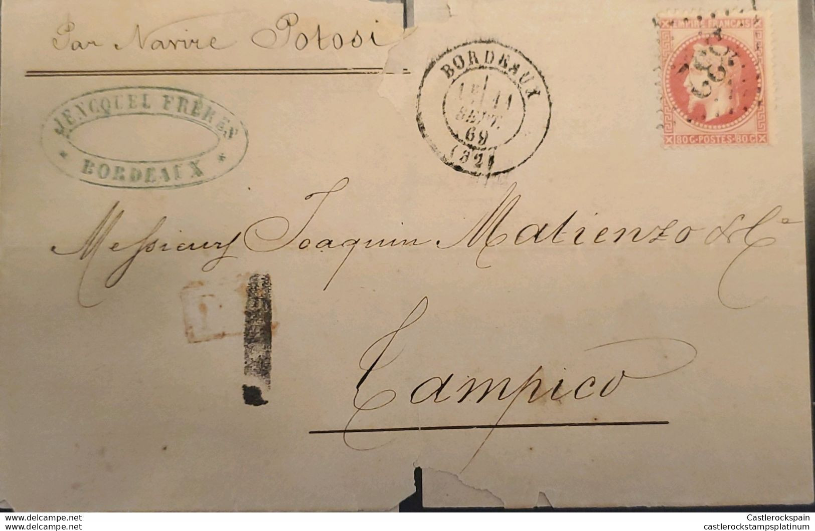 O) 1869 FRANCE, POTOSI SHIP, CIRCULATED TO TAMPICO, EMPEROR NAPOLEON III, XF - Autres & Non Classés