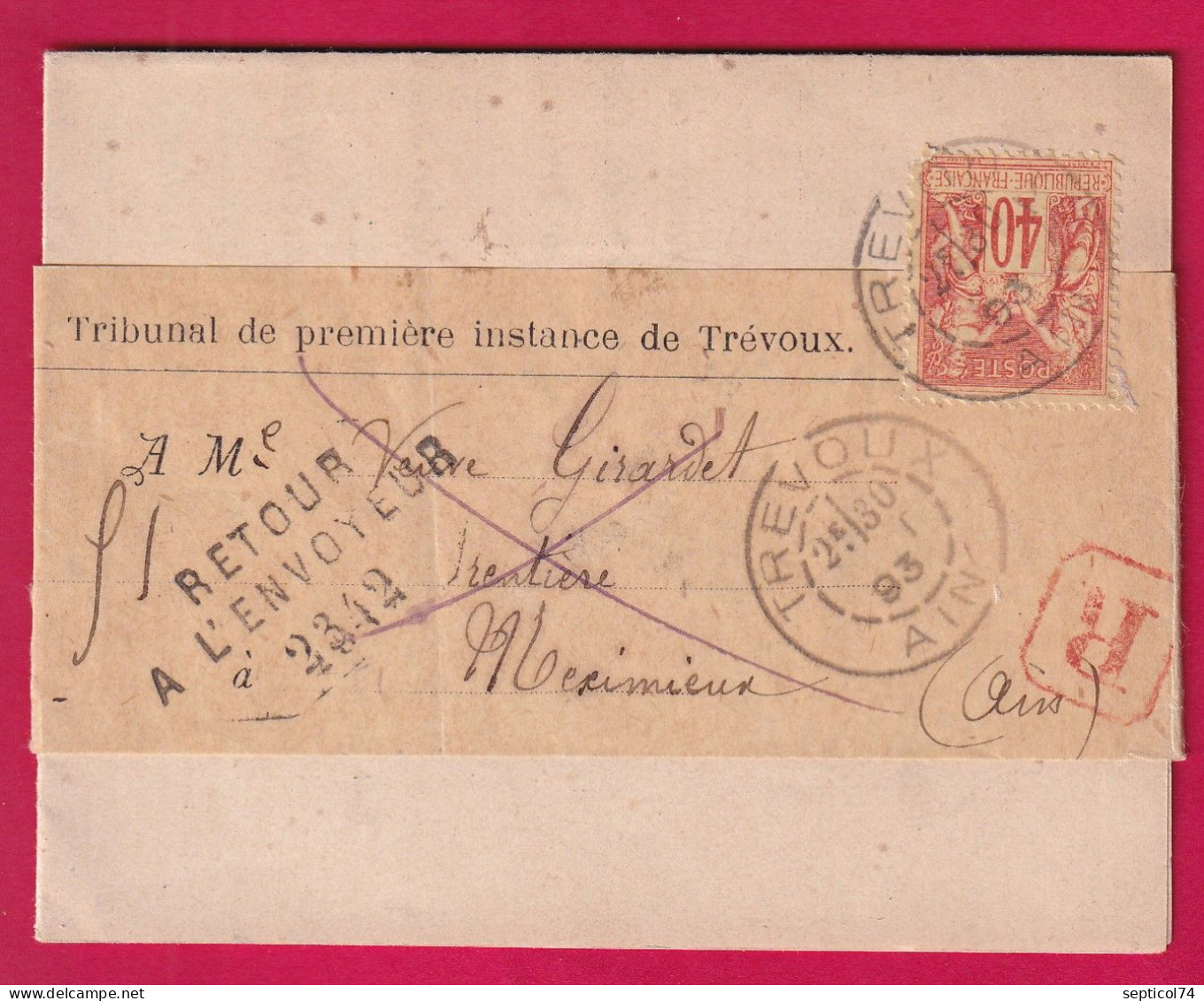 N°94 TREVOUX AIN RETOUR ENVOYEUR 2342 MEXIMIEUX RECOMMANDE LETTRE - 1877-1920: Semi-Moderne