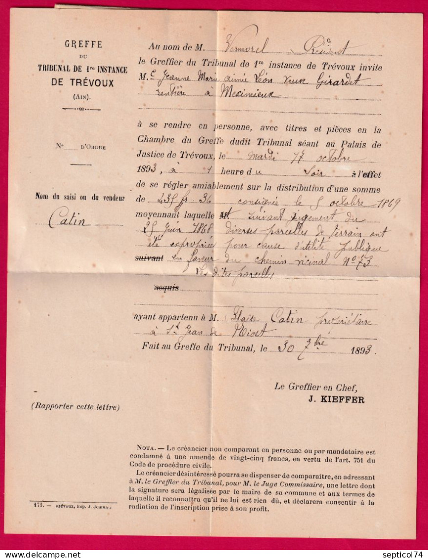 N°94 TREVOUX AIN RETOUR ENVOYEUR 2342 MEXIMIEUX RECOMMANDE LETTRE - 1877-1920: Période Semi Moderne