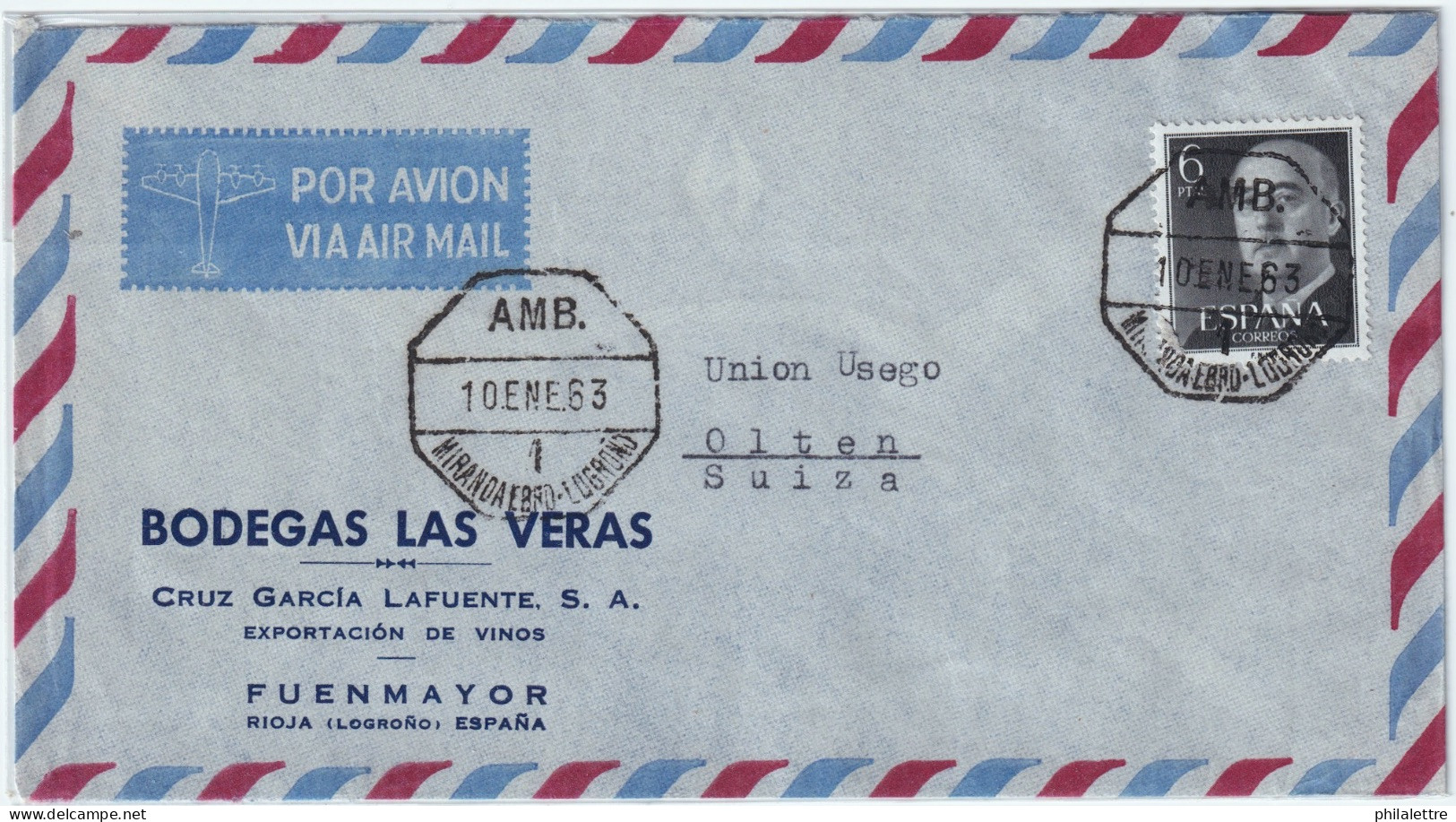 ESPAGNE / ESPAÑA 1963 Ed.1161 Usado "AMB. / 1 / MIRANDA EBRO-LOGROÑO" Sobre Carta De RIOJA (Logroño) A SUIZA - Covers & Documents