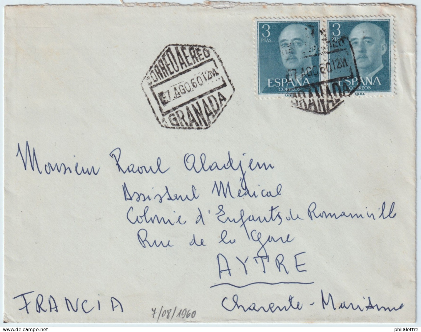ESPAGNE / ESPAÑA - 1960 2xEd.1159 Sobre Carta Por Avion De Granada A Francia - Lettres & Documents