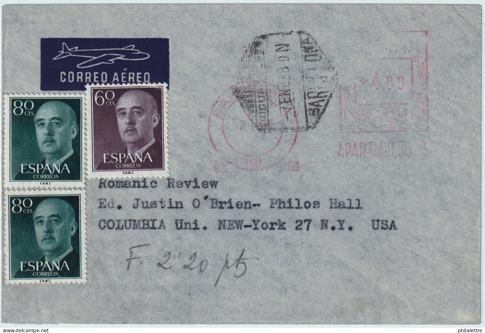 ESPAGNE / ESPAÑA - 1958 Air Letter Affrancada 4.80P Con Sellos Adicionales Ed.1150 Y 1152 (x2) De Barcelona A Nueva York - Lettres & Documents