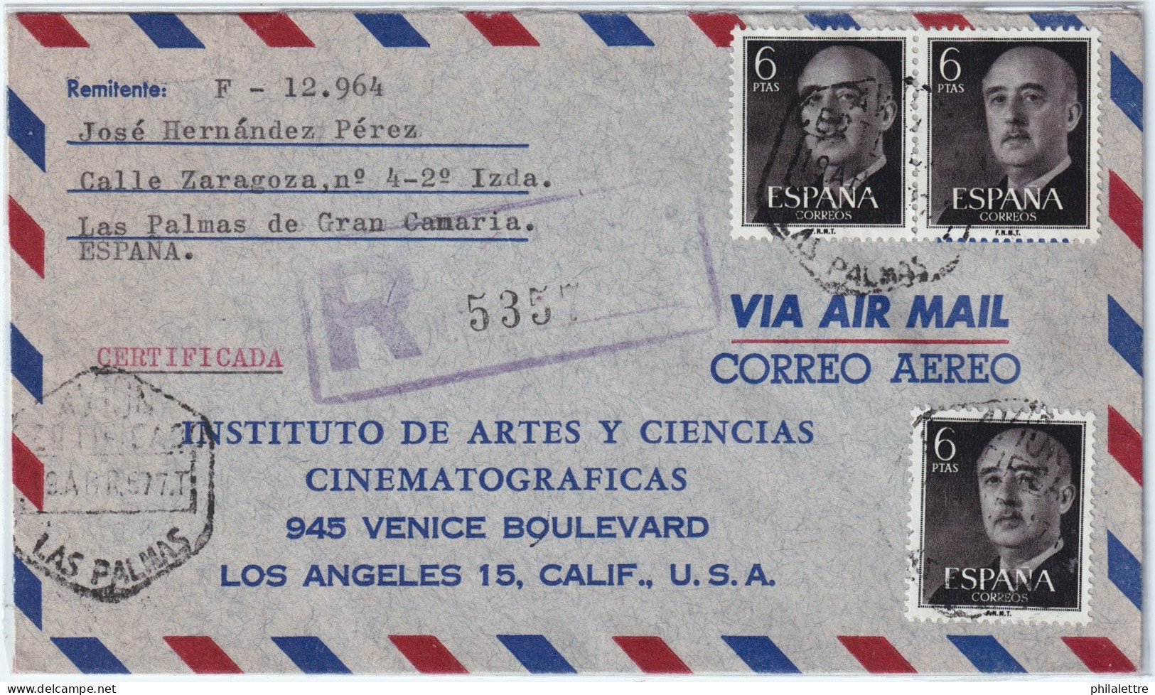 ESPAGNE / ESPAÑA - 1967 3xEd.1161 Sobre Carta Certificada Por Avion De LAS PALMAS (Canarias) A Los EE.UU. - Briefe U. Dokumente