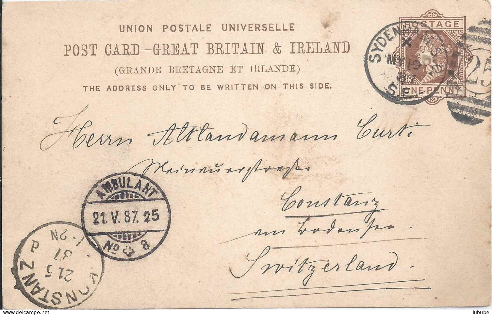 PK  Sydenham S.O. - Ambulant - Konstanz        1887 - Storia Postale