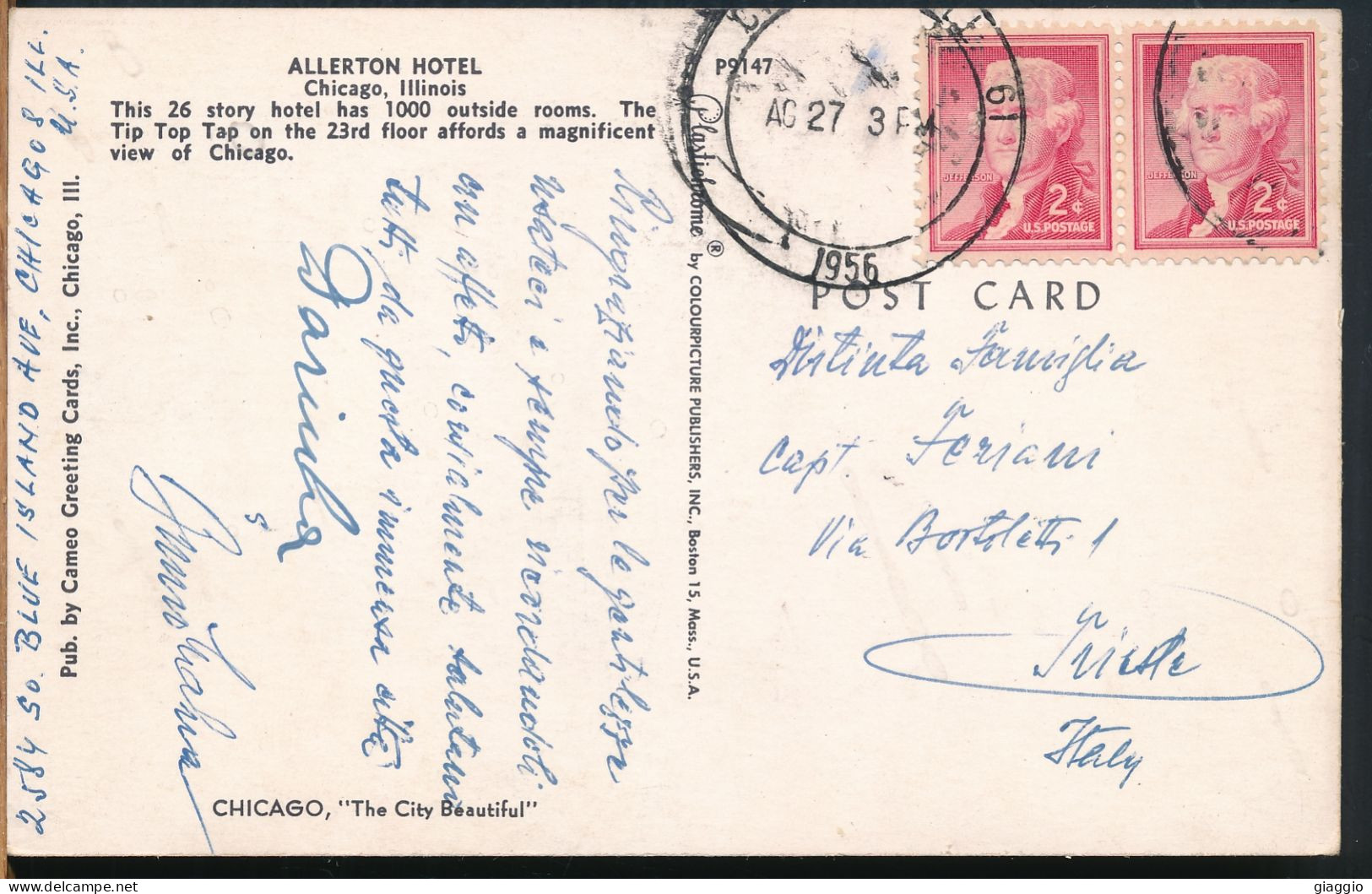 °°° 30972 - USA - IL - CHICAGO - ALLERTON HOTEL - 1956 With Stamps °°° - Chicago