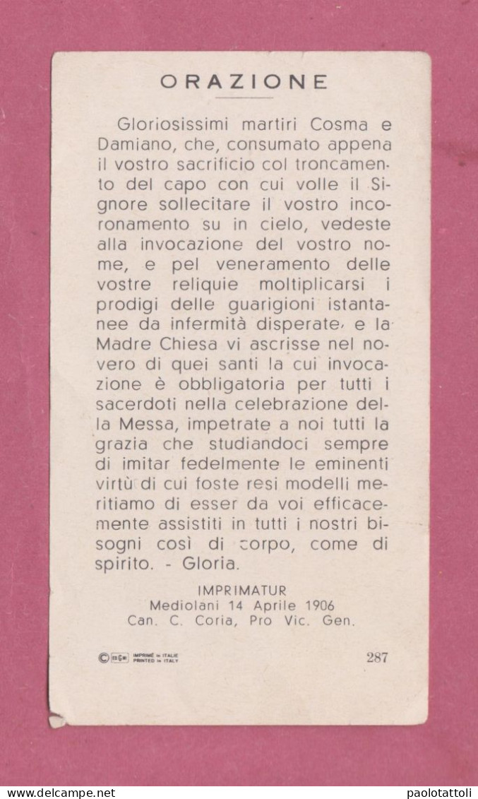Santini, Holy Card. Santi Cosma E Damiano Di Bitonto. Ed. GMi N° 287- Imprimatur 14.4.1906. Dim. 104 X60 Mm- - Devotieprenten
