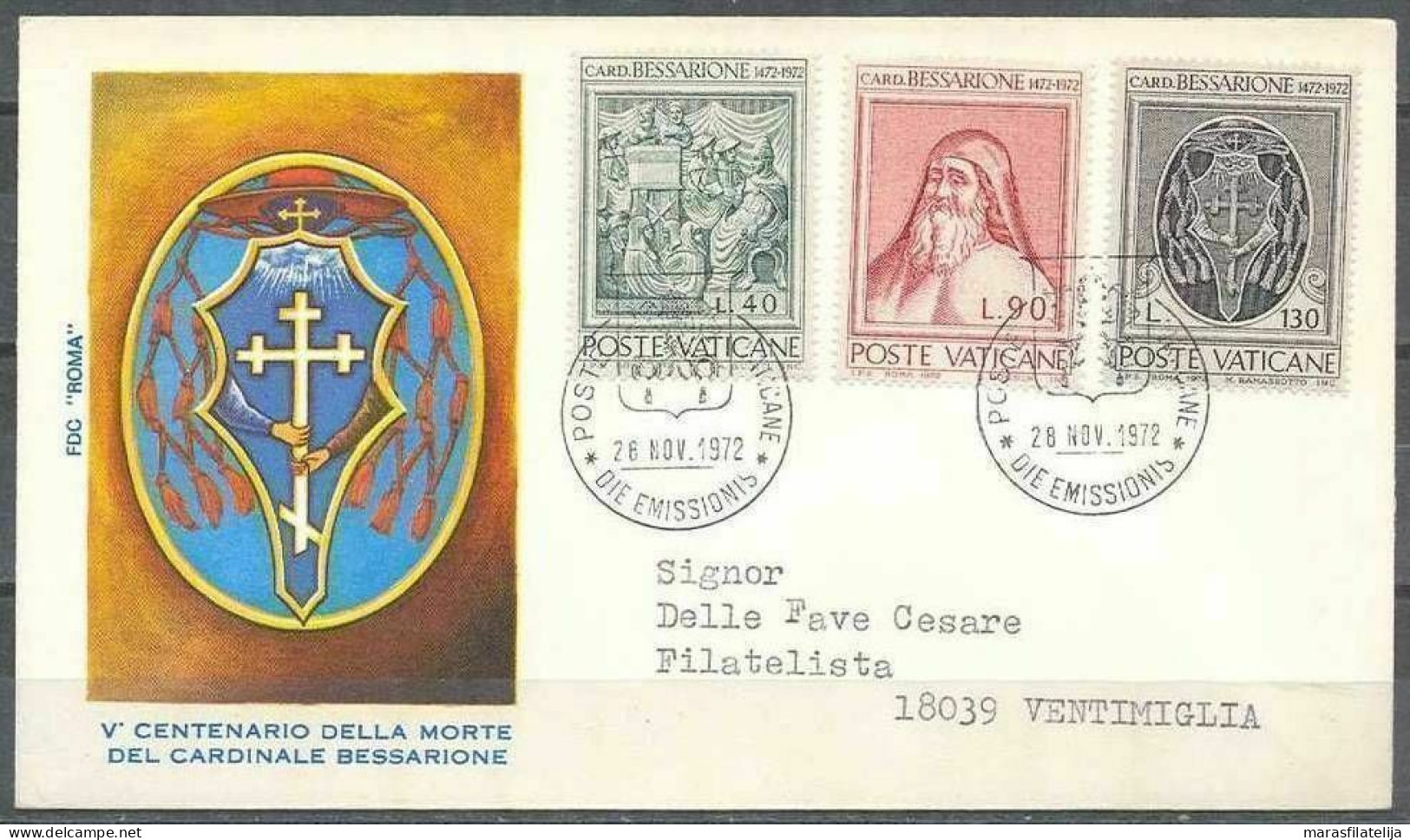 Vatican 1972, 500th Anniversary Of Death Of Cardinal Bessarione, FDC (I) - Other & Unclassified