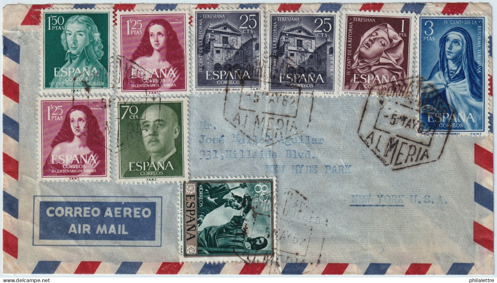 ESPAGNE / ESPAÑA - 1962 Ed.1129 (x2), 1151, 1329, 1421, 1428 (x2), 1429, 1430 En Carta Por Avion De ALMERIA A Los EE.UU. - Storia Postale