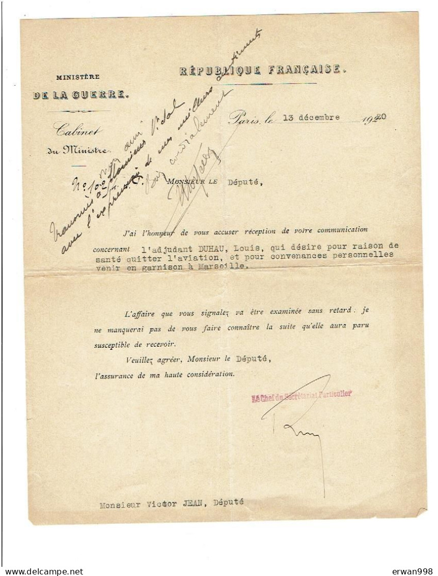 PARIS-MARSEILLE & SENS 13/12/1920 & 20/8/1913- 2 Lettres Du Ministre De La Guerre (député VIDAL& Sénateur CORNET) 1272 - Dokumente