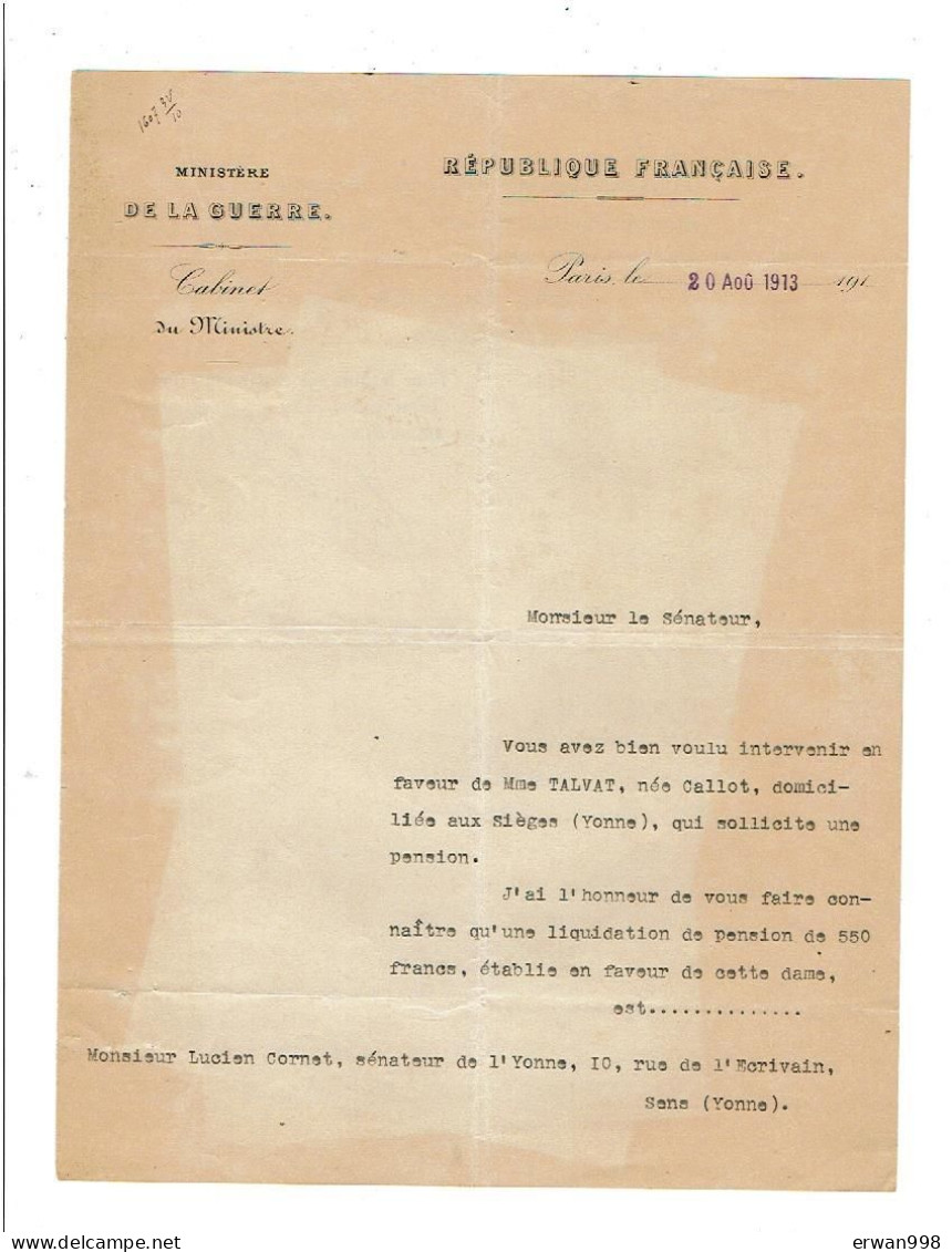 PARIS-MARSEILLE & SENS 13/12/1920 & 20/8/1913- 2 Lettres Du Ministre De La Guerre (député VIDAL& Sénateur CORNET) 1272 - Documenten