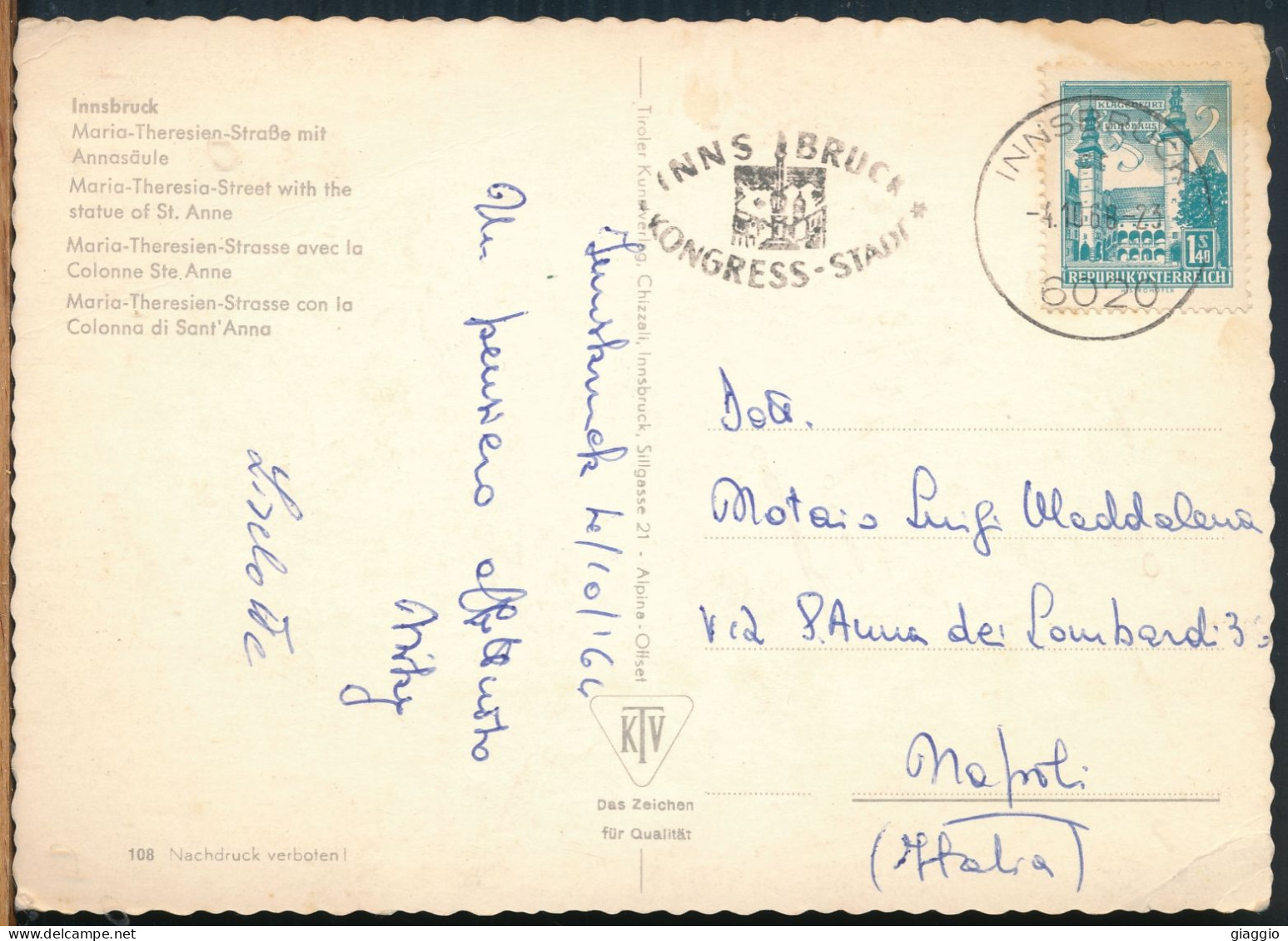 °°° 30980 - AUSTRIA - INNSBRUCK - MARIA-THERESIEN-STRASSE MIT ANNASAULE - 1964 With Stamps °°° - Innsbruck