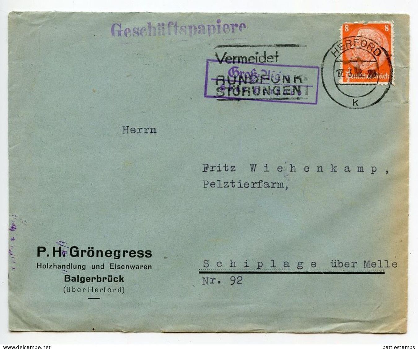 Germany 1938 Cover & Invoice; Herford - P.H. Grönegress, Holzhandlung Und Eisenwaren; 8pf. Hindenburg - Covers & Documents