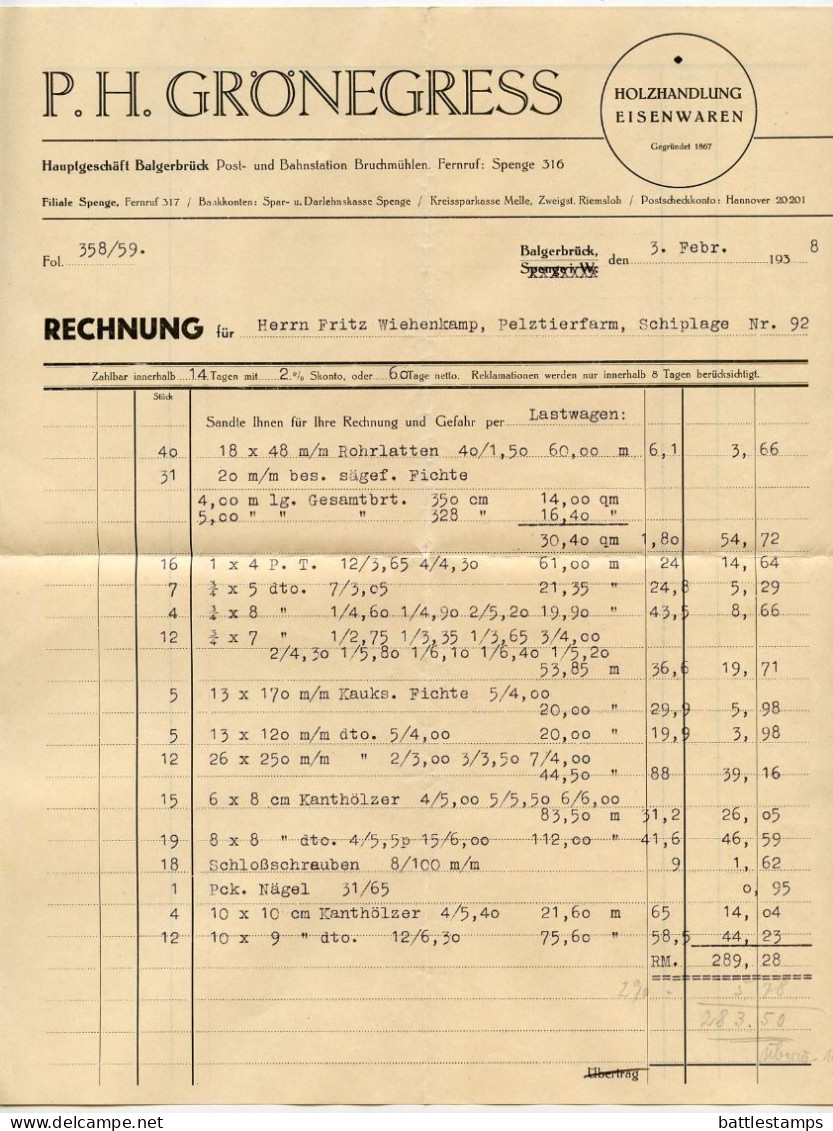 Germany 1938 Cover & Invoice; Herford - P.H. Grönegress, Holzhandlung Und Eisenwaren; 8pf. Hindenburg - Cartas & Documentos