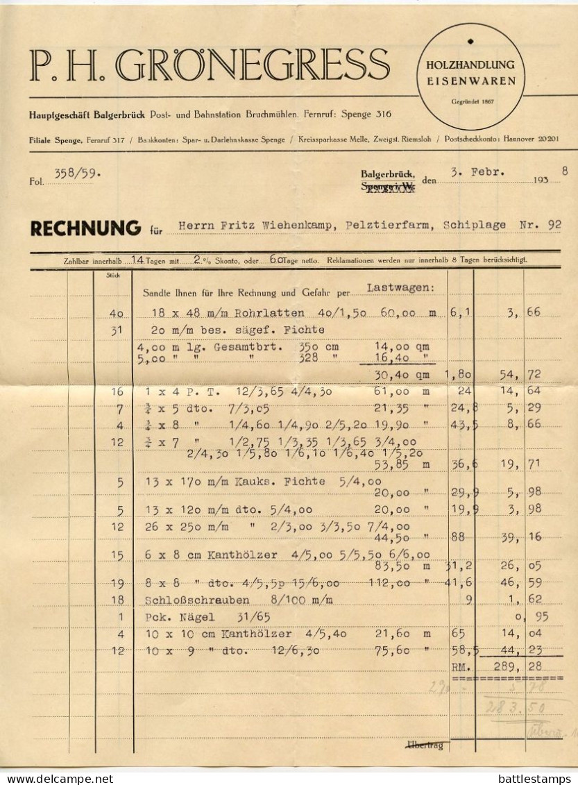 Germany 1938 Cover & Invoice; Herford - P.H. Grönegress, Holzhandlung Und Eisenwaren; 8pf. Hindenburg - Covers & Documents