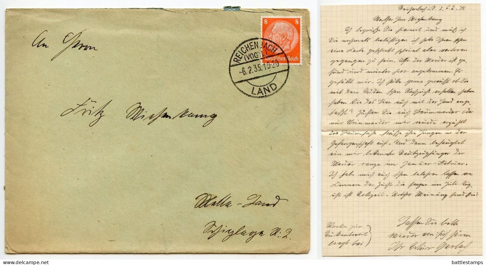 Germany 1935 Cover & Letter; Reichenbach (Vogtl.) To Schiplage; 8pf. Hindenburg - Brieven En Documenten