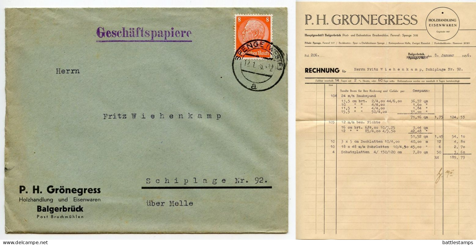 Germany 1936 Cover & Invoice; Spenge (Westf.) - P.H. Grönegress, Holzhandlung Und Eisenwaren; 8pf. Hindenburg - Cartas & Documentos