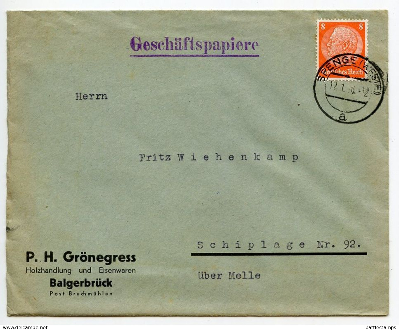 Germany 1936 Cover & Invoice; Spenge (Westf.) - P.H. Grönegress, Holzhandlung Und Eisenwaren; 8pf. Hindenburg - Cartas & Documentos