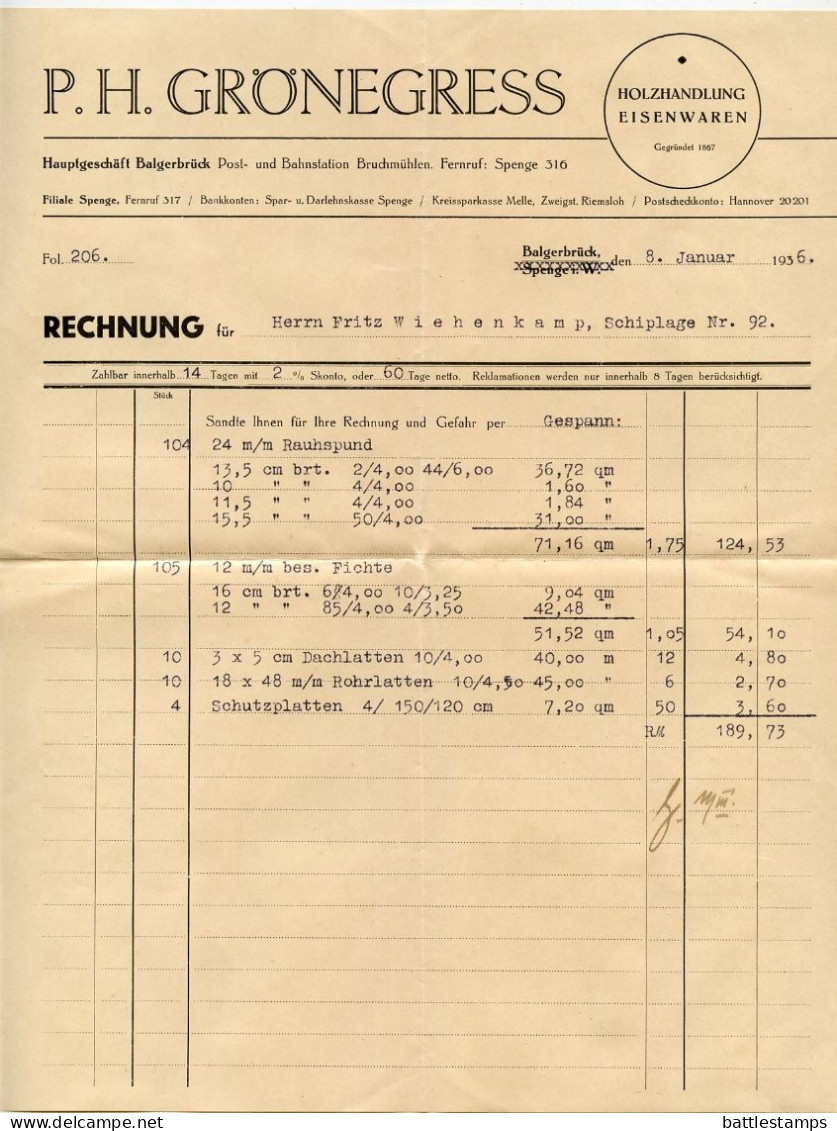 Germany 1936 Cover & Invoice; Spenge (Westf.) - P.H. Grönegress, Holzhandlung Und Eisenwaren; 8pf. Hindenburg - Briefe U. Dokumente