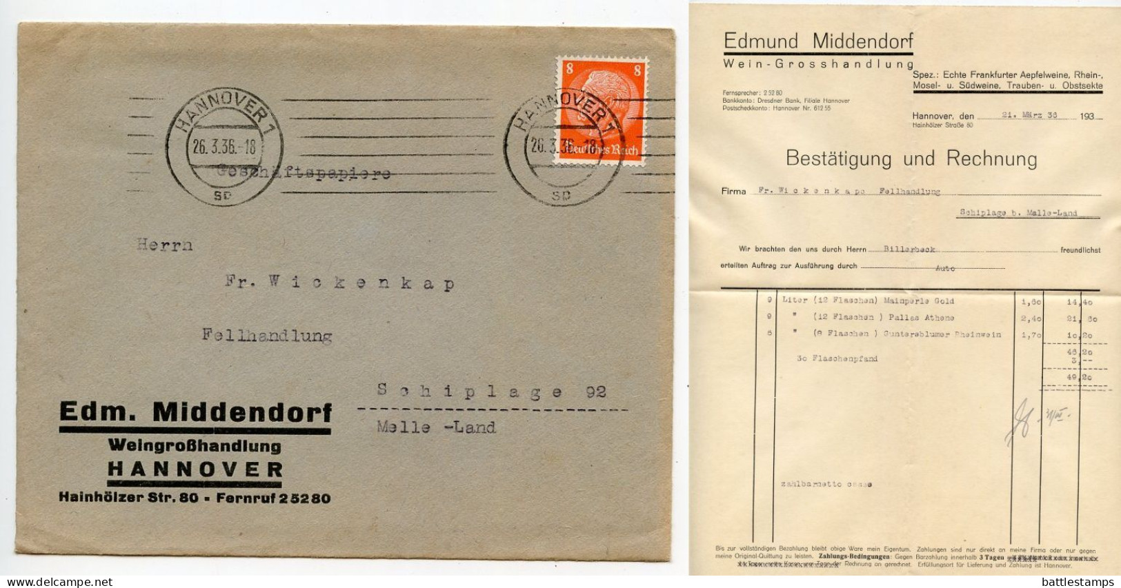 Germany 1936 Cover & Invoice; Hannover - Edm. Middendorf, Weingroßhandlung (Wine Wholesaler); 8pf. Hindenburg - Covers & Documents