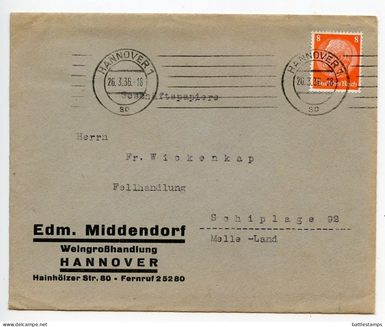 Germany 1936 Cover & Invoice; Hannover - Edm. Middendorf, Weingroßhandlung (Wine Wholesaler); 8pf. Hindenburg - Cartas & Documentos