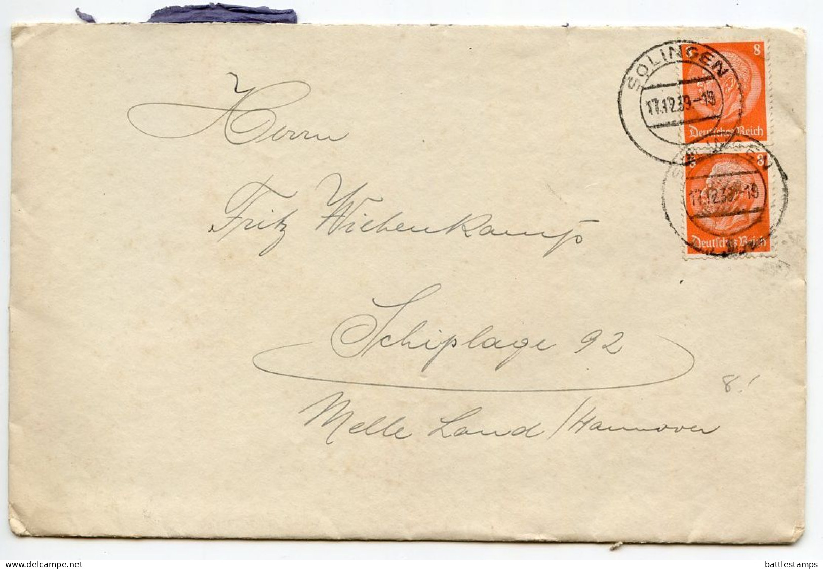 Germany 1939 Cover & Letter; Solingen - Willy Mertens To Schiplage; 8pf. Hindenburg, Pair - Brieven En Documenten