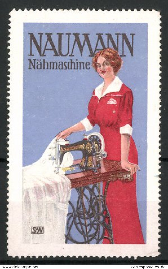 Reklamemarke Naumann Nähmaschine, Hausfrau Bedeckt Eine Nähmaschine Mit Einem Weissen Tuch  - Vignetten (Erinnophilie)