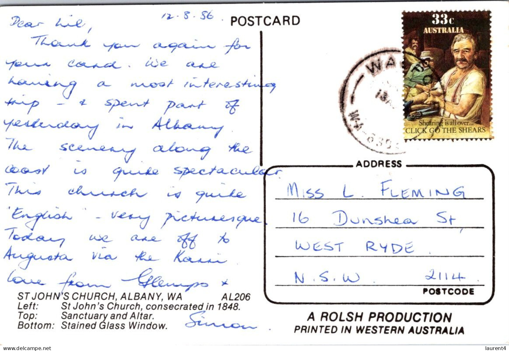 13-5-2024 (5 Z 1) Australia  (posted 1986 With Sheep Shearing Stamp) WA - (Albany) St John's Church - Eglises Et Cathédrales