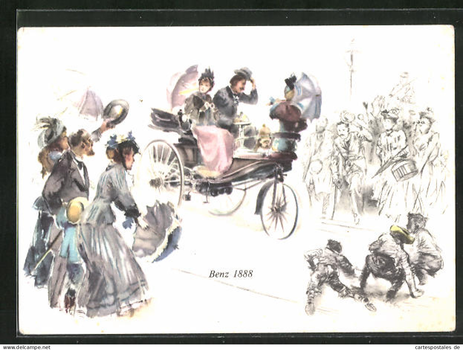 Künstler-AK Leute Bejubeln Die Ankunft Des Benz-Motorwagens 1888  - Passenger Cars
