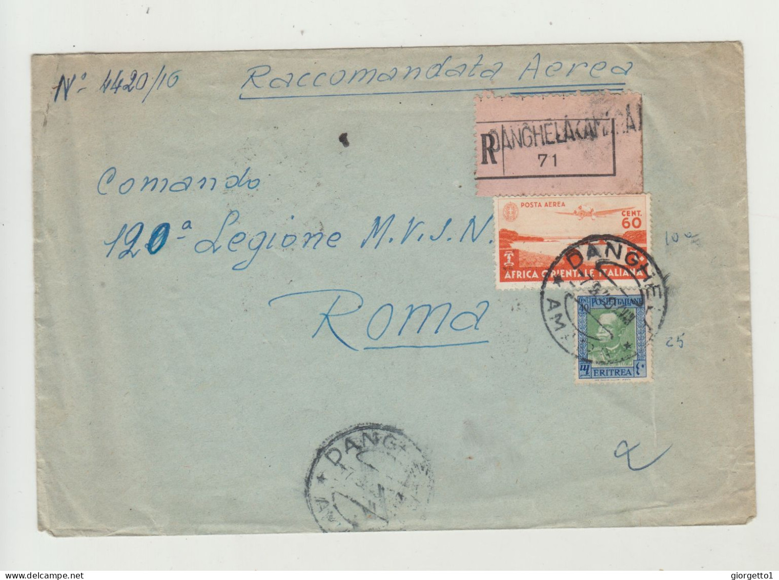 BUSTA SENZA LETTERA - RACCOMANDATA DEL 1940 - ANNULLO DANGHELA - AMARA VERSO ROMA WW2 - A.O.I. - Marcophilie (Avions)